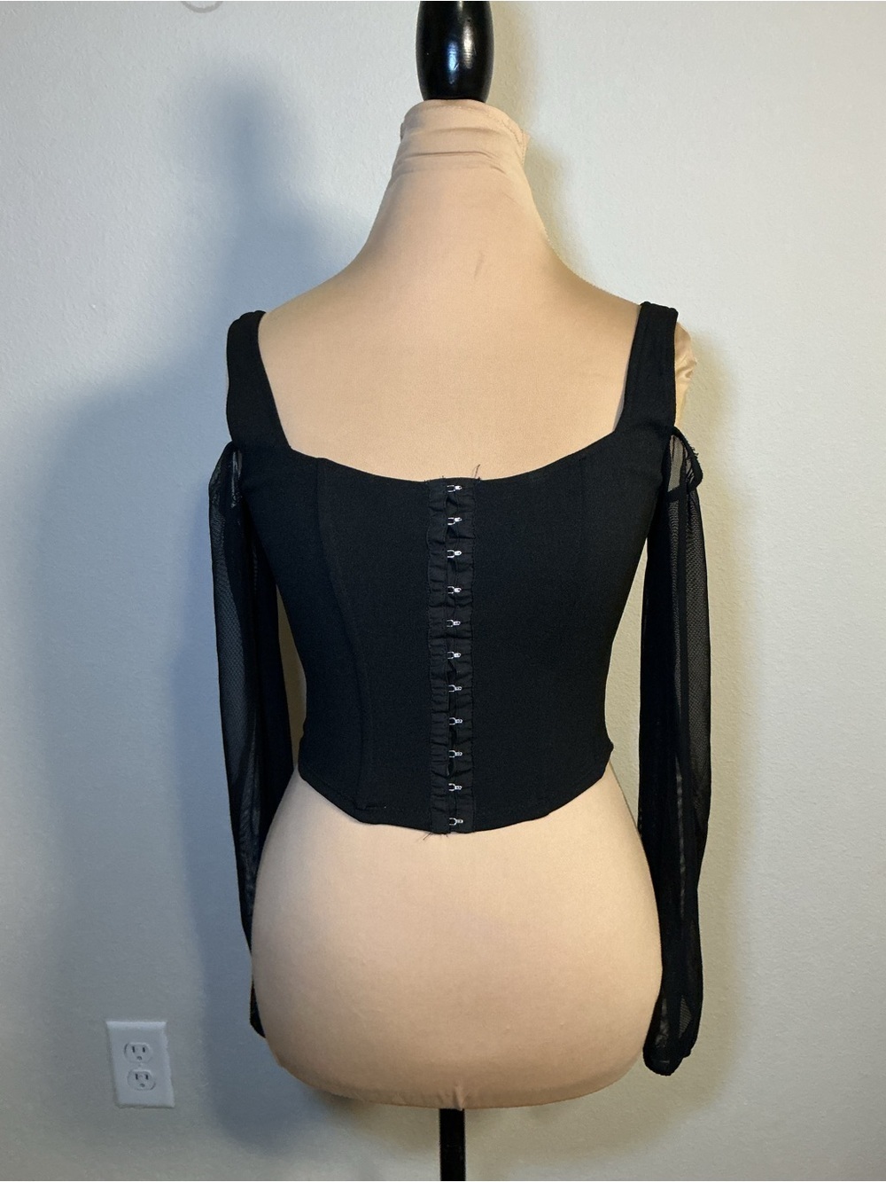 Black Off-Shoulder Corset Top with Sheer Sleeves